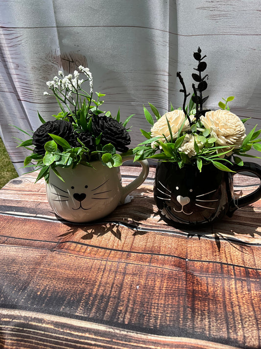 Cat Face Planters with Flowers - Wooden Cat Mug Set