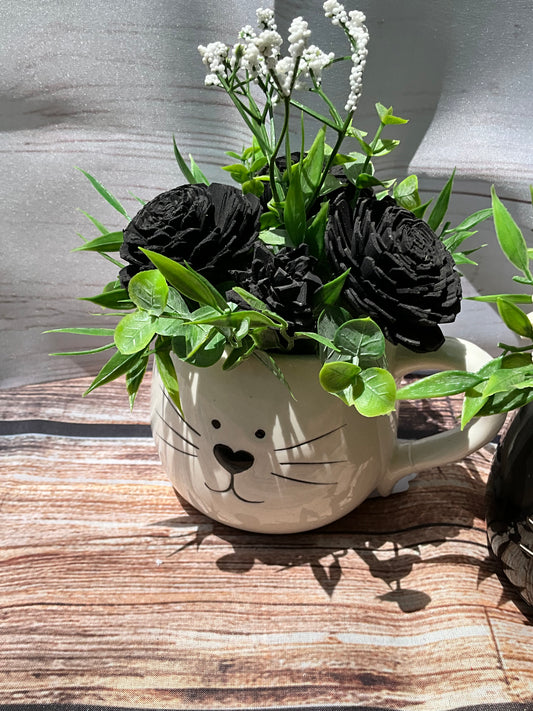 Cat Face Planters with Flowers - Wooden Cat Mug Set