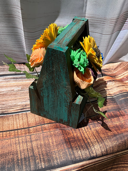 Rustic Wooden Floral Caddy Arrangement — Sunflower & Sola Wood Flowers