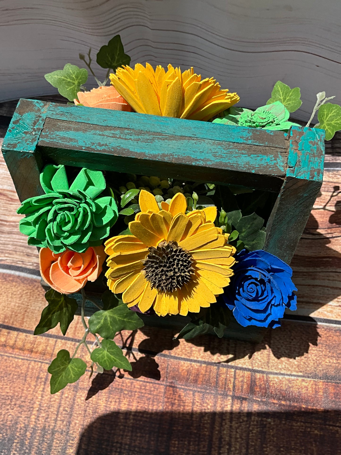 Rustic Wooden Floral Caddy Arrangement — Sunflower & Sola Wood Flowers