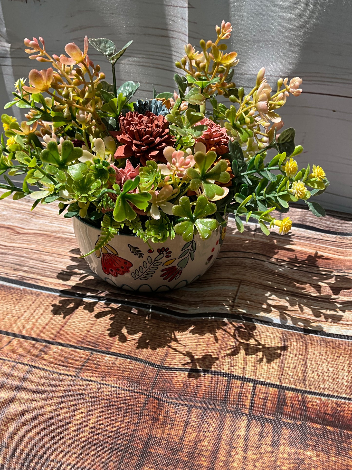 Boho Succulent Wildflower Arrangement | Hand-Painted Ceramic Bowl Decor