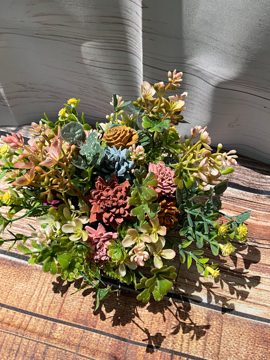 Boho Succulent Wildflower Arrangement | Hand-Painted Ceramic Bowl Decor