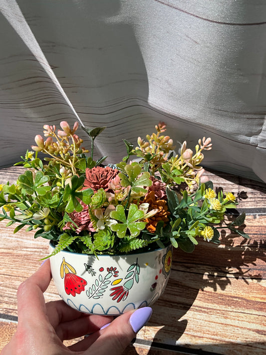 Boho Succulent Wildflower Arrangement | Hand-Painted Ceramic Bowl Decor