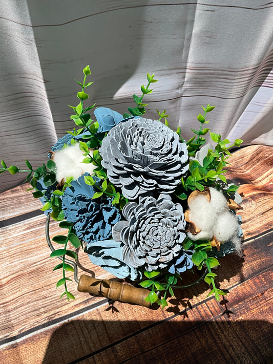 Rustic Blue Rose Farmhouse Decor | Vintage Galvanized Bucket Arrangement