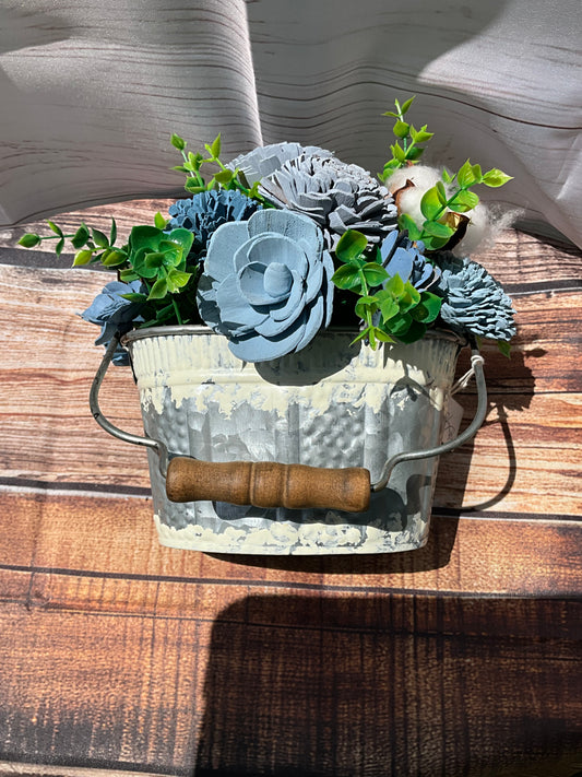 Rustic Blue Rose Farmhouse Decor | Vintage Galvanized Bucket Arrangement