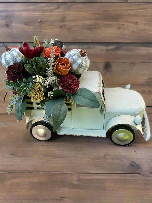 Vintage White Farm Truck with Fall Sola Wood Flowers