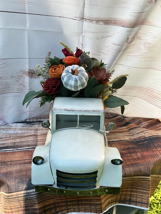 Vintage White Farm Truck with Fall Sola Wood Flowers