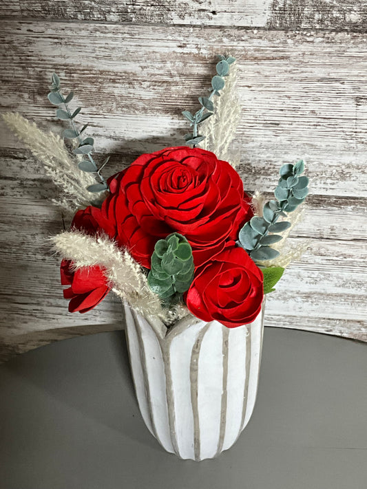 Red Rose Sola Flower Arrangement in White Concrete Vase