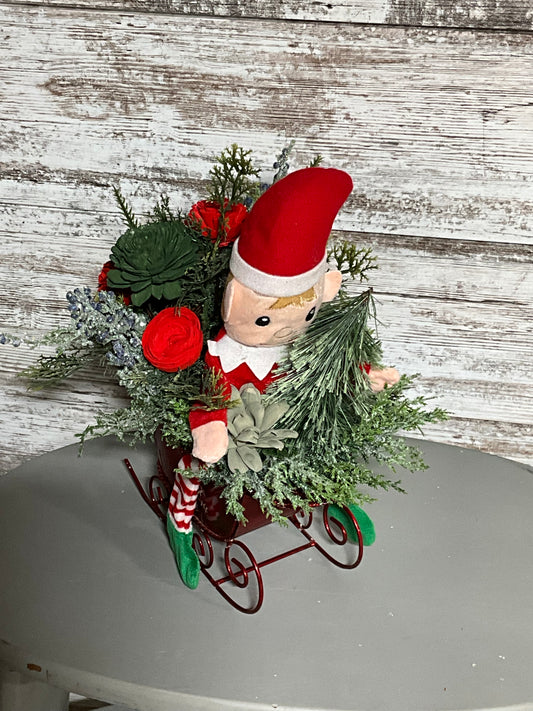 Elf in Sleigh – Christmas Sola Wood Floral Arrangement