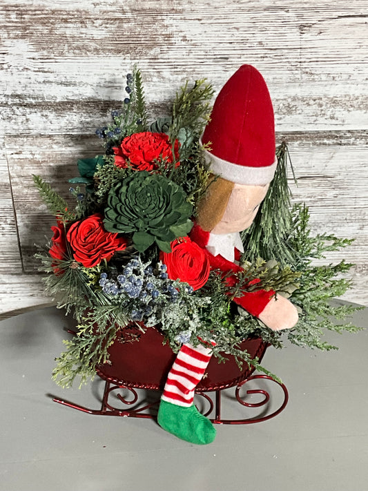 Elf in Sleigh – Christmas Sola Wood Floral Arrangement