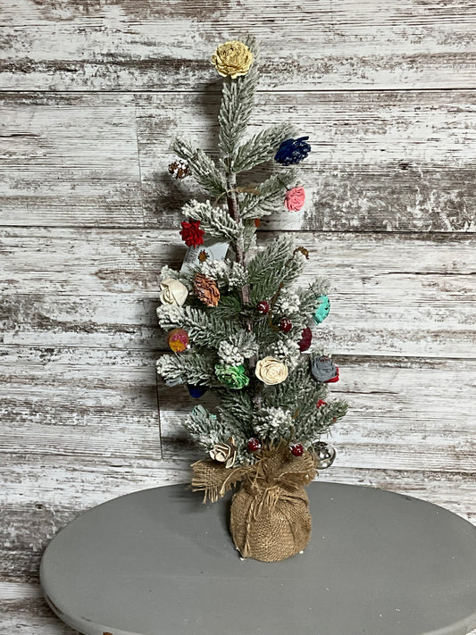 Handcrafted Mini Christmas Tree with Wooden Floral Ornaments & Burlap Base