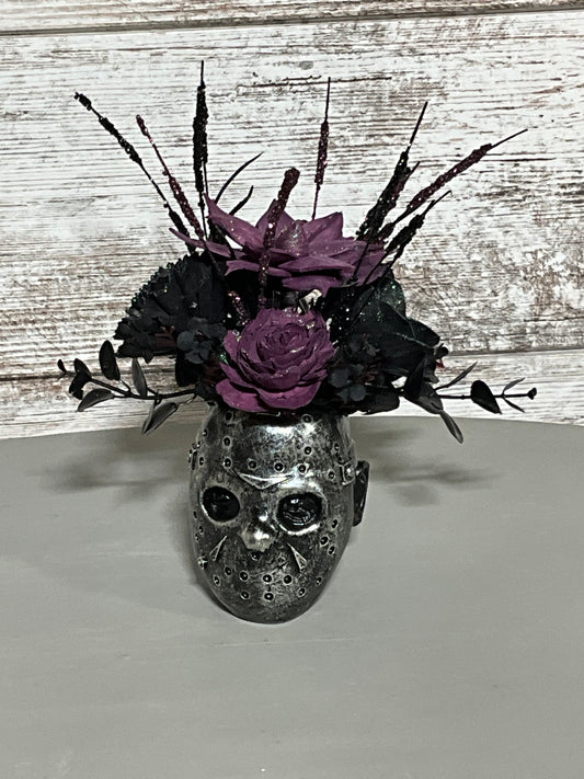 Jason Voorhees Wooden Floral Arrangement - Dark Purple Sola Flowers with Horror Movie Inspired Base