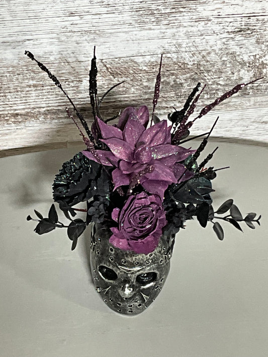 Jason Voorhees Wooden Floral Arrangement - Dark Purple Sola Flowers with Horror Movie Inspired Base