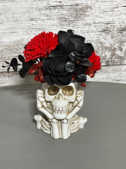 Gothic Skull Halloween Wooden Floral Arrangement - Black & Red Sola Flowers with Skeleton Base