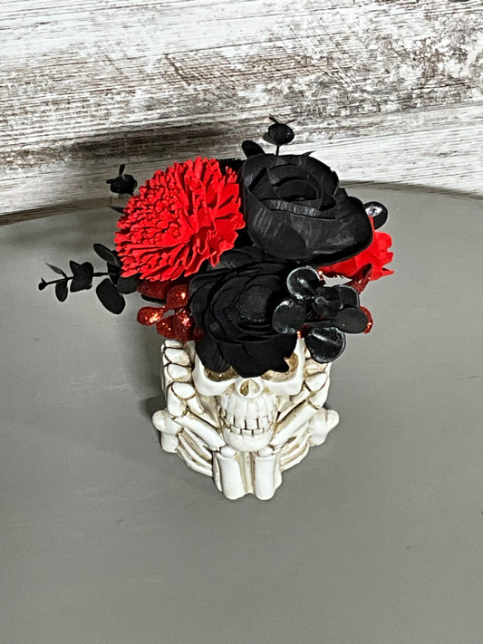 Gothic Skull Halloween Wooden Floral Arrangement - Black & Red Sola Flowers with Skeleton Base