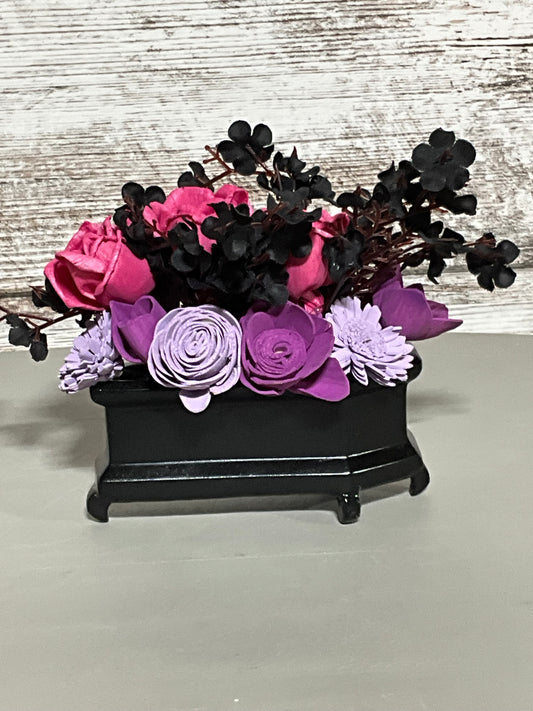 Handcrafted Purple & Pink Wooden Flower Arrangement - Elegant Black Ornate Planter