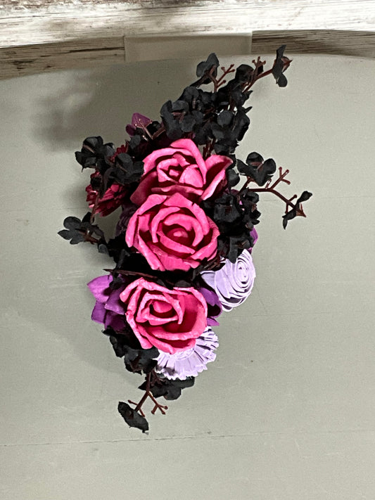 Handcrafted Purple & Pink Wooden Flower Arrangement - Elegant Black Ornate Planter