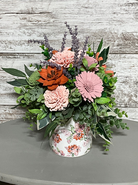 Dusty Rose & Lavender Wooden Floral Arrangement in Vintage Floral Vase - Premium Sola Flowers