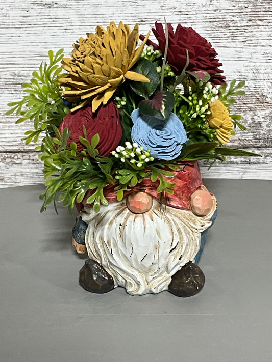 Rustic Fall Gnome Wooden Floral Arrangement - Autumn Centerpiece with Sola Flowers