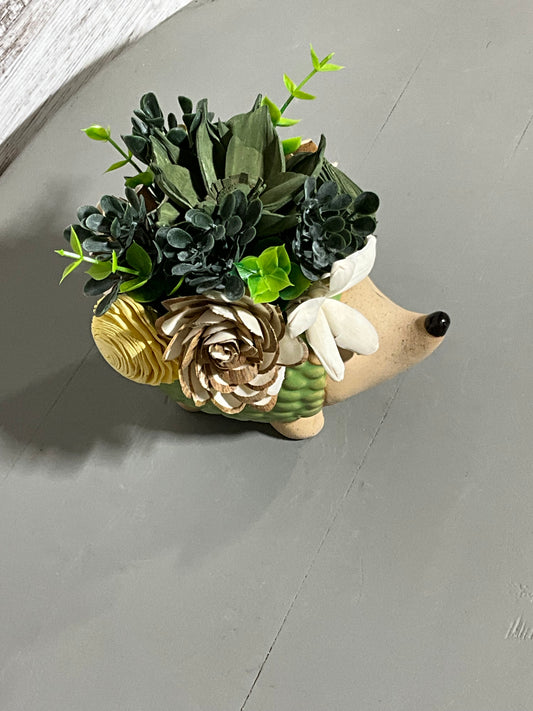Charming Hedgehog Ceramic Planter Mixed Succulent & Wooden Flower Arrangement