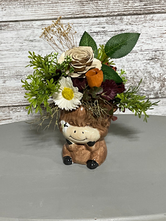 Sweet Cow Ceramic Planter Wooden Flower Arrangement - Rustic Farm Country Décor