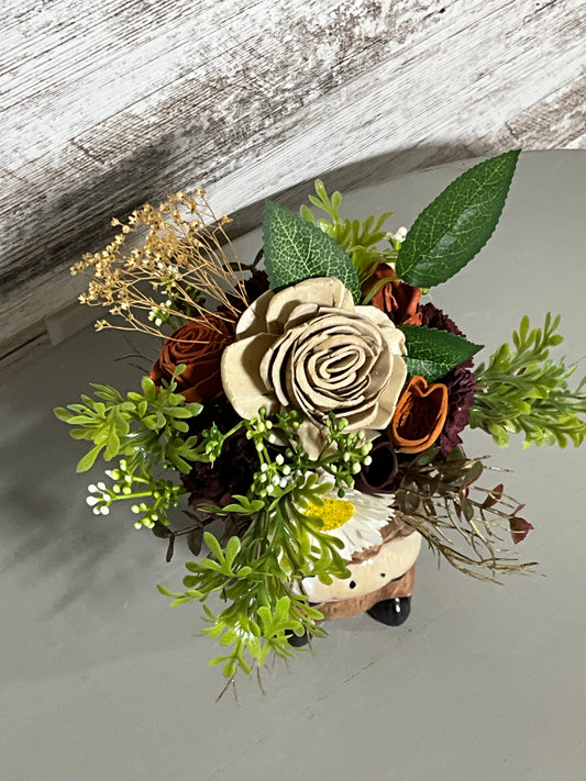 Sweet Cow Ceramic Planter Wooden Flower Arrangement - Rustic Farm Country Décor