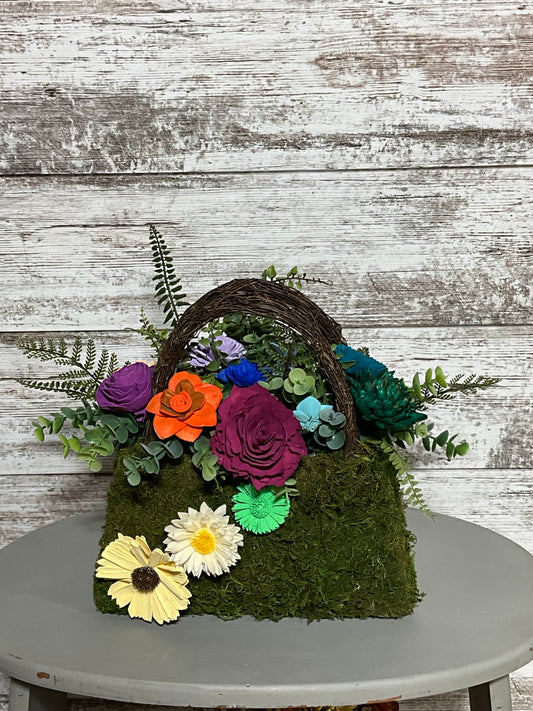 Rainbow Garden Moss Basket Wooden Floral Arrangement - Vibrant Sola Flowers with Natural Moss Base