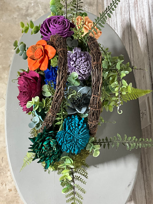 Rainbow Garden Moss Basket Wooden Floral Arrangement - Vibrant Sola Flowers with Natural Moss Base