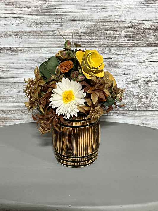 Rustic Barrel Wood Flower Centerpiece - Handcrafted Blooms in Vintage Wooden Barrel Planter
