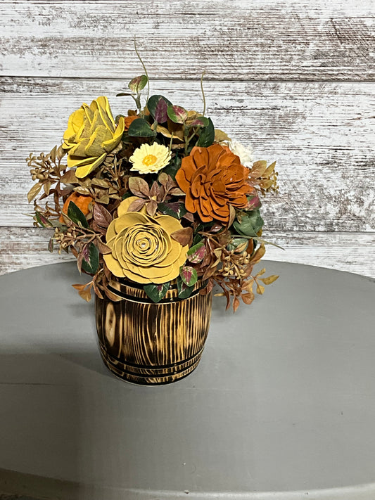 Rustic Barrel Wood Flower Centerpiece - Handcrafted Blooms in Vintage Wooden Barrel Planter