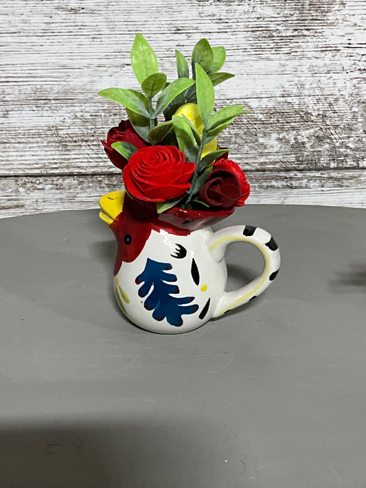 Charming Rooster Mug Wooden Flower Arrangement - Red Roses & Greenery Kitchen Décor