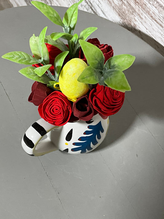 Charming Rooster Mug Wooden Flower Arrangement - Red Roses & Greenery Kitchen Décor