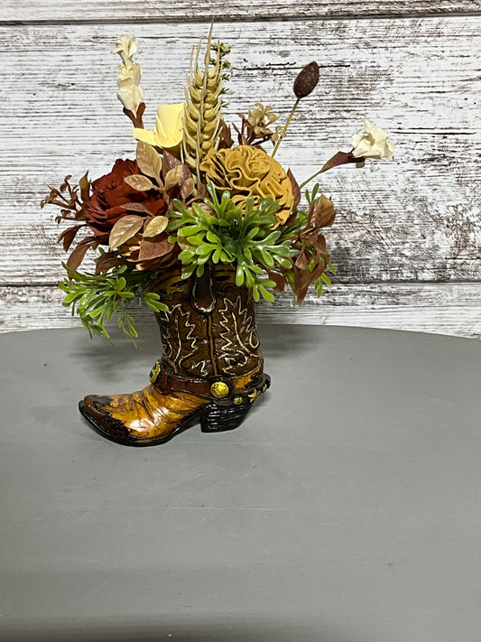 Western Cowboy Boot Wood Flower Arrangement - Handcrafted Wooden Blooms in Decorative Boot Vase