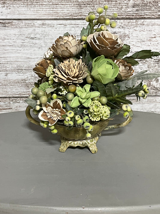 Vintage Succulent Bowl Arrangement - Mixed Green Wood Flowers in Antique Brass Footed Bowl