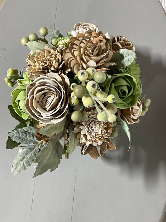 Vintage Succulent Bowl Arrangement - Mixed Green Wood Flowers in Antique Brass Footed Bowl