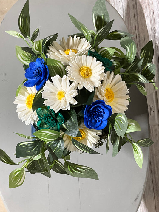 Cottage Clock Garden Arrangement - White Daisies & Blue Roses with Vintage Timepiece Base