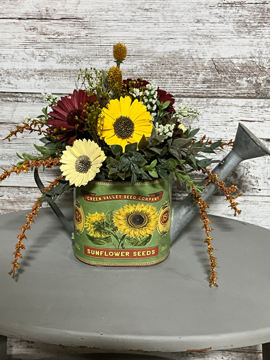 Farmhouse Sunflower Watering Can Arrangement - Vintage Seed Company Design with Fall Accents