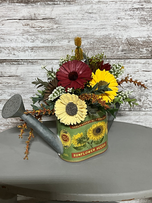 Farmhouse Sunflower Watering Can Arrangement - Vintage Seed Company Design with Fall Accents