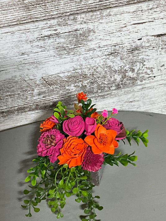 Rustic Charm Mixed Bloom Arrangement - Orange & Pink Flowers in Vintage Concrete Planter