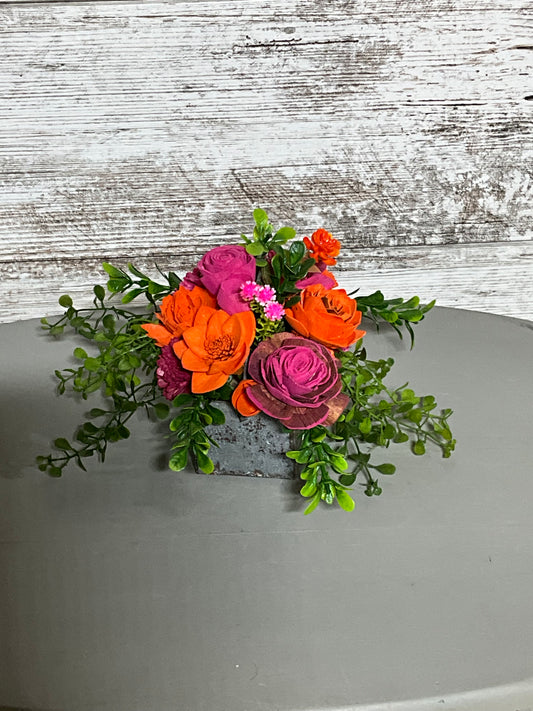 Rustic Charm Mixed Bloom Arrangement - Orange & Pink Flowers in Vintage Concrete Planter