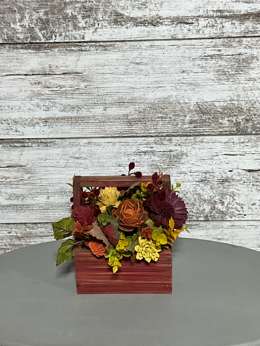 Autumn Harvest Wooden Box Floral Arrangement | Rustic Fall Centerpiece