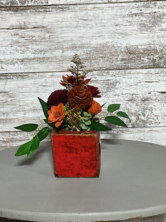 Rustic Red Wooden Box Floral Display | Farmhouse Style Arrangement