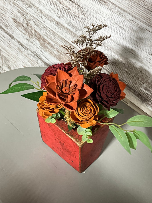 Rustic Red Wooden Box Floral Display | Farmhouse Style Arrangement