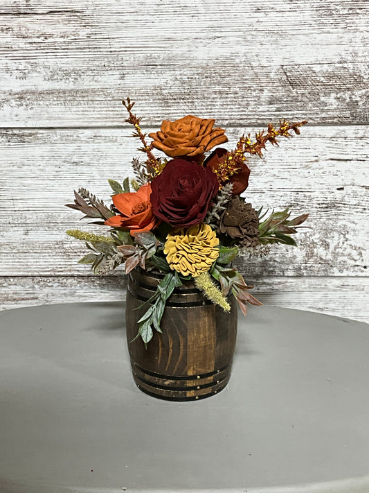Autumn Dark Barrel Centerpiece | Rich Fall Roses & Foliage Display
