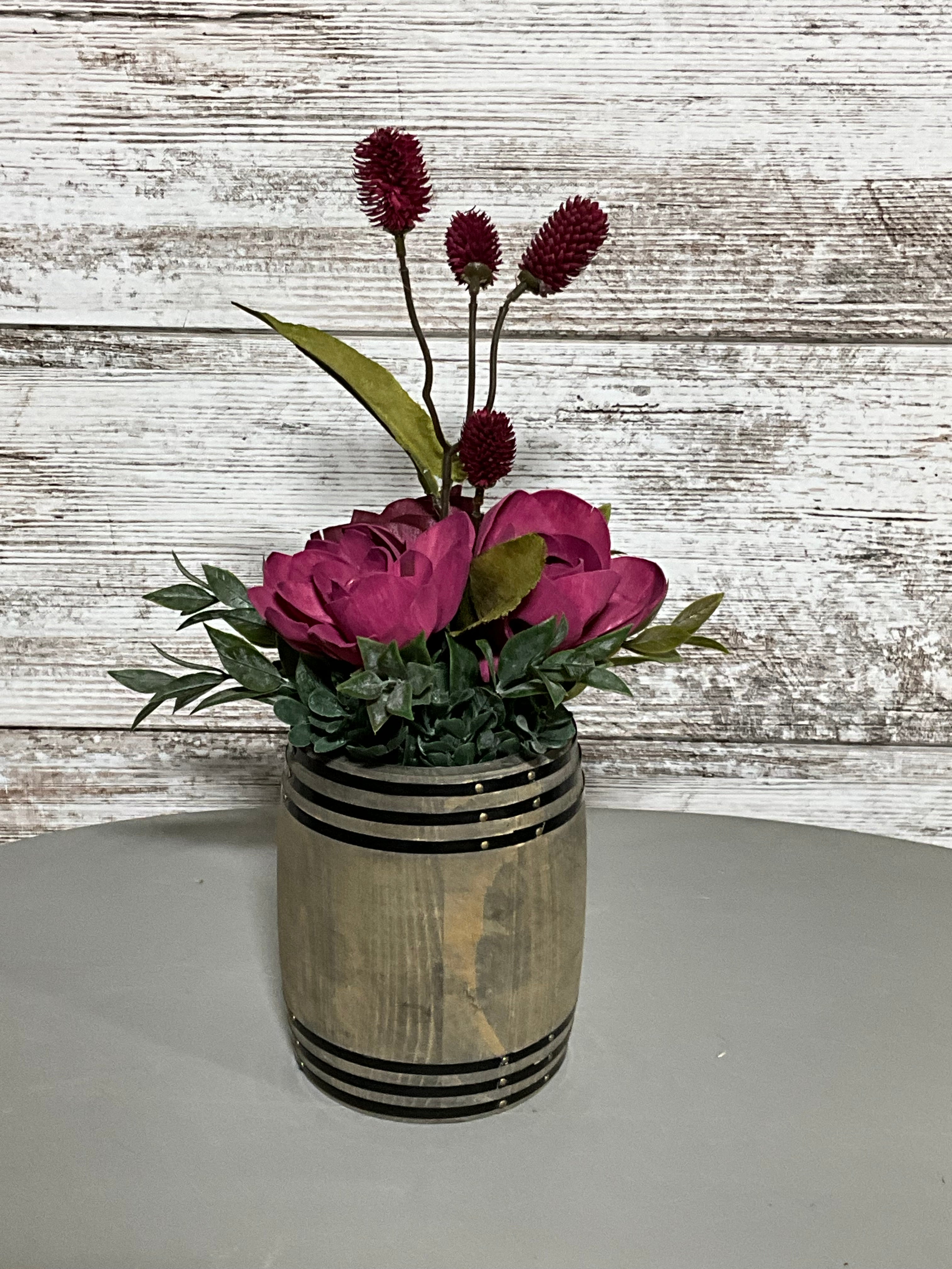 Vintage Purple Barrel Bouquet | Elegant Rose & Thistle Arrangement