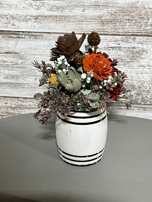 Farmhouse White Barrel Floral Arrangement | Rustic Succulent & Rose Display