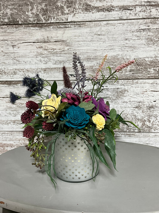 Rustic Mixed Floral Arrangement | Wooden Flowers in Ceramic Vase | Home Decor