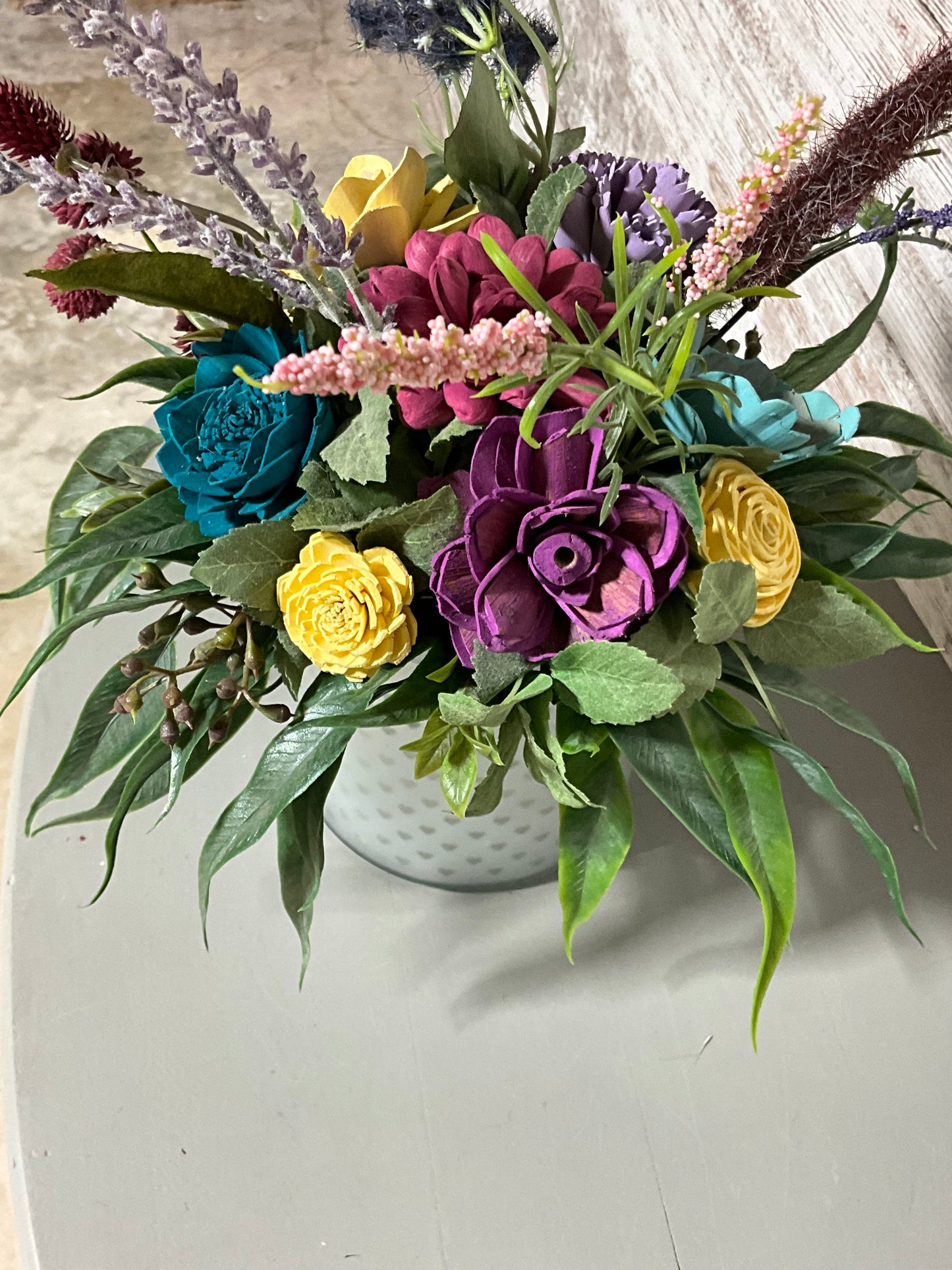 Rustic Mixed Floral Arrangement | Wooden Flowers in Ceramic Vase | Home Decor