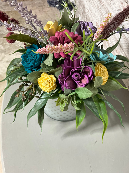 Rustic Mixed Floral Arrangement | Wooden Flowers in Ceramic Vase | Home Decor