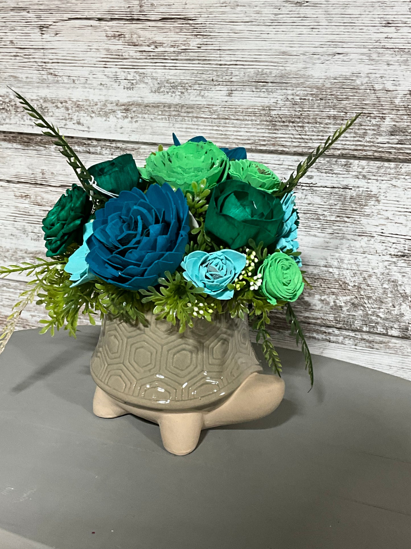 Ocean Blue Wooden Rose Arrangement | Geometric Ceramic Planter | Coastal Decor | Turtle Planter